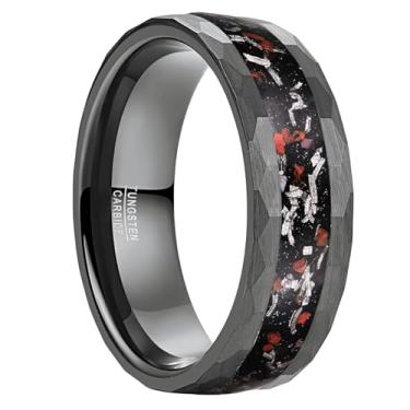 Imagem de NUNCAD Anéis de tungstênio para homens, anéis de casamento de tungstênio martelado com meteorito e osso de dinossauro incrustado preto tamanho 7-12, 10, Tungstênio, Sem pedra preciosa