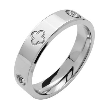 Imagem de Lucky Clover Anel de aço de titânio, aliança de casamento e compromisso de zircônia cúbica banhada a ouro para mulheres, Metal, Zircônia cúbica