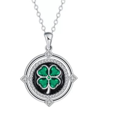 Imagem de Colar vintage com pingente de círculo de trevo verde para mulheres banhado a prata zircônia cúbica coração trevo da sorte colar de elos irlandeses corrente de aço inoxidável ajustável moda joias