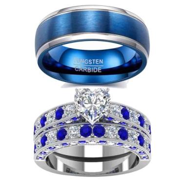 Imagem de 2 anéis para ele e ela conjuntos de alianças de casamento femininas banhado a ouro amarelo coração CZ conjunto de alianças de casamento masculinas de carboneto de tungstênio, women size10 & men size8