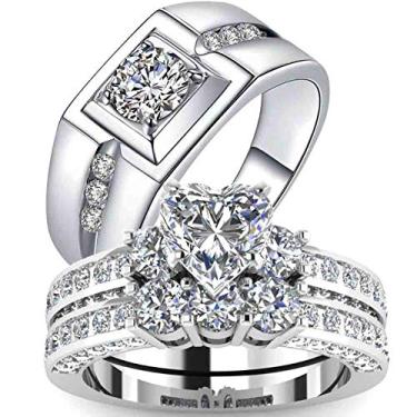 Imagem de ringheart Anéis de casal preenchidos em ouro branco com corte de coração CZ conjuntos de anéis de noivado feminino anel de casamento masculino, Pedra de strass de metal cristal, Zircônia cúbica