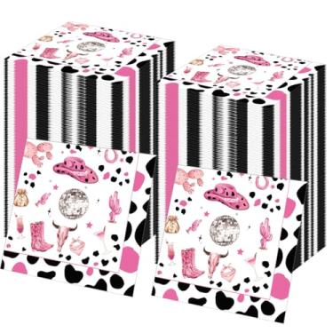 Imagem de 60 guardanapos descartáveis de aniversário de caubói ocidental, artigos de festa de chá de bebê de aniversário de vaqueira, decoração de festa do oeste selvagem (rosa)