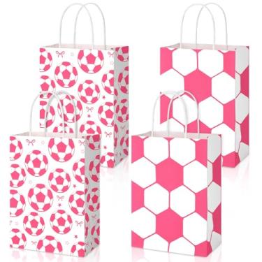 Imagem de 24 peças de sacos de brindes de futebol rosa com alças para festa de aniversário, bolsa de lanche esportiva de equipe para lembrancinhas de festa infantil, suprimentos de celebrações