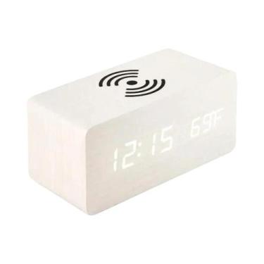 Imagem de Relógio Despertador Digital De Madeira Com Carregamento Sem Fio, LED, 