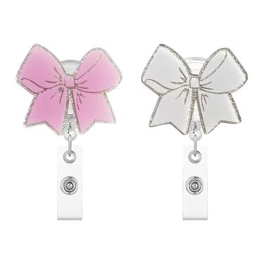 Imagem de 2 peças de carretel de crachá de laço rosa retrátil bonito com clipe jacaré suporte de crachá de identificação para enfermeiras, trabalhadores médicos, estudantes de enfermagem, professores