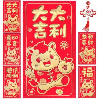 Imagem de Envelopes vermelhos de ano novo chinês, 36 peças, 6 estampas KissDate 2026 Cavalo Ano Novo Lunar, envelope vermelho Hong Bao Lai See Pacotes de dinheiro da sorte para festival de primavera, casamento