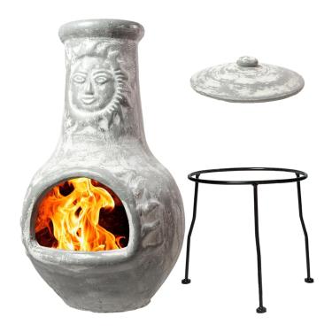 Imagem de Chiminea média para lareira ao ar livre cinza – Chimineas de argila com tampas de chuva de chaminé e suportes de metal sólido – cinza terracota chimenea – chaminé rústica de lareira 40,64 x 40,64 x 81,28 cm