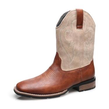 Imagem de Botas de cowboy ocidentais masculinas vintage couro PU bico quadrado cano médio sem cadarço trabalho e botas casuais estilo velho oeste, Off-white, 40 BR