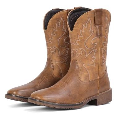 Imagem de IUV Botas de caubói masculinas, bico quadrado, bordadas, ocidentais, botas de cano médio, sapatos casuais, Marrom, 38