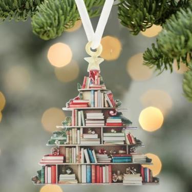 Imagem de Enfeites de acrílico para pendurar em formato de árvore de Natal, ornamentos decorativos para leitores de livros, presentes para amantes de livros, bibliotecário