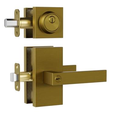 Imagem de Newlaking Anique Conjunto de fechadura externa de latão com fecho, maçaneta de porta de entrada contemporânea quadrada com fecho, fechaduras de entrada semelhantes com chave, fechadura de porta