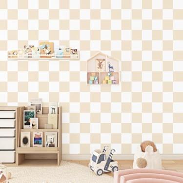 Imagem de Wallderful Papel de parede xadrez bege e branco papel de parede xadrez neutro papel de contato geométrico moderno papel de parede bege boho quadriculado para quarto berçário mesa prateleira forro