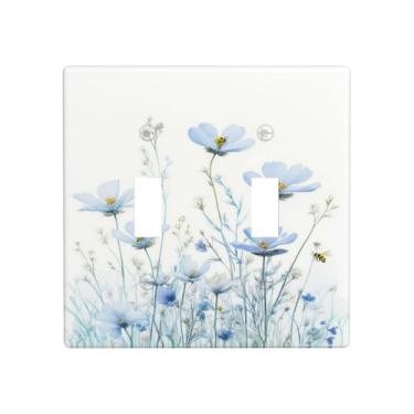Imagem de Capas decorativas para interruptores de luz azul fresco, flores e abelhas, 2 gangs, placa de parede com interruptor duplo, capa decorativa para decoração de casa
