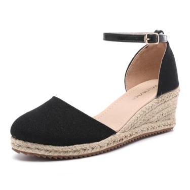 Imagem de Mintzice Sandália feminina de bico fechado sólida cruzada, tira no tornozelo, alpargata, cunha, alpargata, Preto puro, 9-9.5