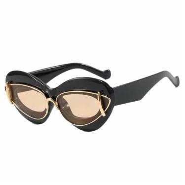 Imagem de Óculos de Sol Olho de Gato Unissex Estilo Punk com Armação Dupla e Proteção UV400 para Esportes ao Ar Livre, Corrida e Ciclismo, Cor Chá Preto
