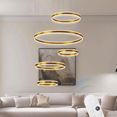 Imagem de Luminária pendente LED moderna dourada para sala de estar, com 5 anéis, instalação independente, lustre para escada, 325W, dimerizável com controle remoto, iluminação de teto para quarto e s