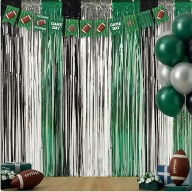 Imagem de Batiyeer 2 peças de cortinas de franja de alumínio com franjas de futebol americano, 1 m × 2 m, verde, preto, prata, tinsel para cabine de fotos, adereços de streamers, pano de fundo para dia de jogo