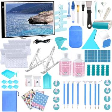 Imagem de NLXCXUCY Kit de acessórios de arte de diamante com 244 peças, conjunto completo de ferramentas de pintura de diamante com almofada de luz de pintura de diamante A3, cola seladora de arte de diamante