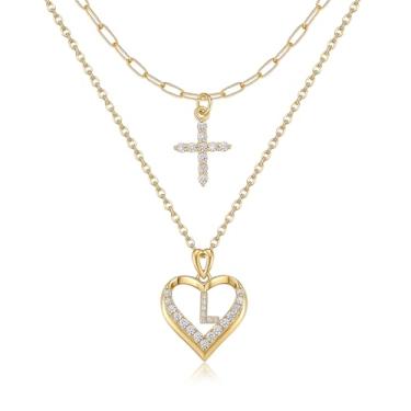 Imagem de YOVIEE Colar com letra inicial para mulheres, banhado a ouro 14 K, zircônia cúbica, coração, conjunto de colar com pingente de cruz, colar, moderno, fofo, gargantilha, colar, joia presente para ela