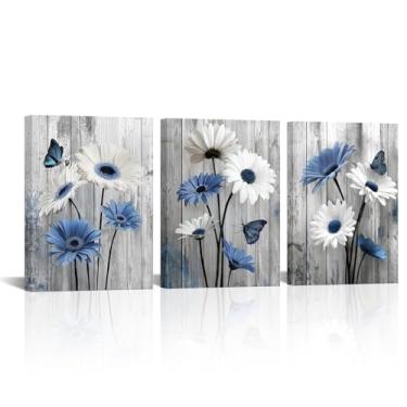 Imagem de LyerArtork 3 peças de arte de parede floral rústica casa de fazenda impressões em tela azul e branco margarida flor borboleta decoração de parede para quarto banheiro sala de estar 30 x 40 cm x 7 cm