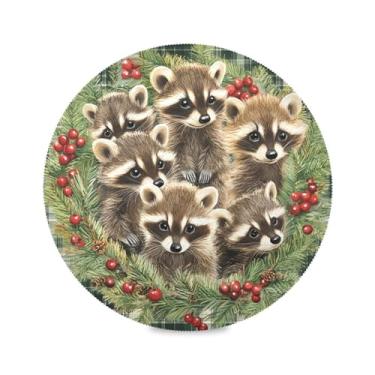 Imagem de STAYTOP Lindo guirlanda de Natal guaxinim redondo 6 peças, tapetes de mesa antiderrapantes fáceis de limpar para casa, cozinha, churrasco, festa, decoração de mesa