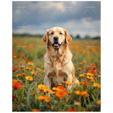 Imagem de Kit de pintura Golden Retriever por números para adultos – Cachorro DIY sentado em tela de campo de flores laranjeiras, conjunto de tinta acrílica para iniciantes, arte para decoração de casa ou