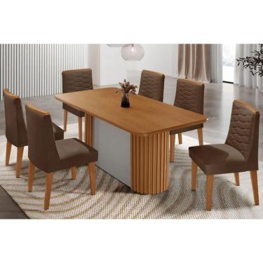 Imagem de Mesa Cozinha Pilar c/ Tampo Madeirado Canto Curvo 180x90cm e 6 Cadeiras Maldivas Madeira Maciça Naturale - Capuccino/Suede Marrom-Rufato
