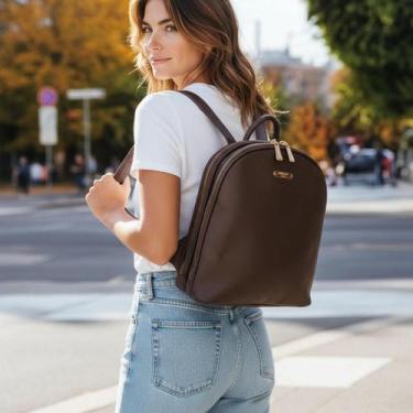 Imagem de Mochila Feminina Couro PU Elegante Com 2 Divisórias Bolso Antifurto Mé