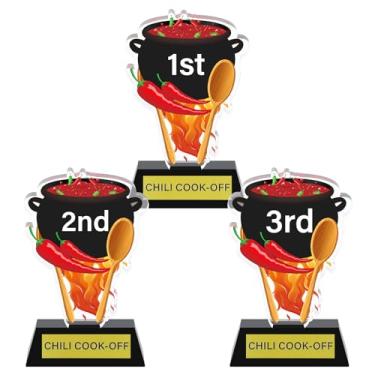 Imagem de DoubleFill 3 peças de troféus Chili Cook Off Medalhas 1º 2º 3º lugar 12 centímetros acrílico Chili Cook Off prêmios com medalha de base decoração para decoração de pimenta de mesa