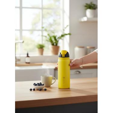 Imagem de Garrafa Térmica Inox 900ml Tucca Cajú Fosca Com Tampa e Canudo Mantém 12h Gelada Quente Para Academia Trabalho Carro Resistente Vedação Total (Amarelo Tampa Preta)