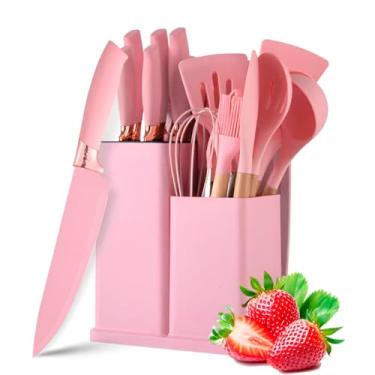 Imagem de Utensilios para Cozinha Silicone Kit com 19 Peças Cabo Madeira Conjunto Completo Espátula Concha Colher Jogo Suporte Faca Antiaderente Tabua Tesoura Faqueiro (ROSA 02)