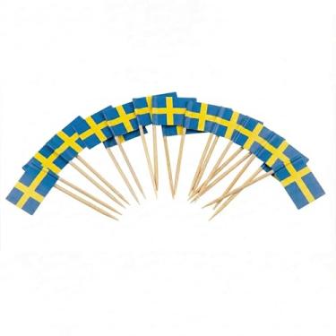 Imagem de 120 palhetas de coquetel com bandeira da Suécia - palitos de bambu de 6,5 cm (2,5 pol) com mini bandeiras - palhetas resistentes para decoração de alimentos e bebidas para festas, bares, catering e