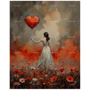 Imagem de Kit de pintura de cena de amor por números para adultos – DIY menina com balão de coração em pintura de flores vermelhas em tela, conjunto de tinta acrílica para iniciantes, arte romântica para