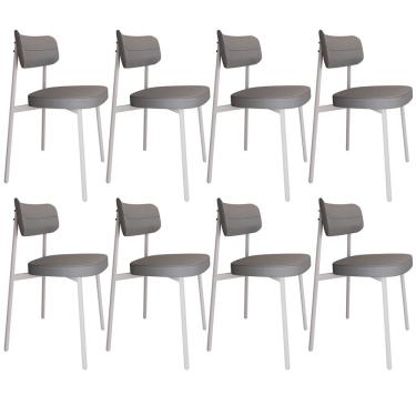 Imagem de Kit 08 Cadeiras Estofada Para Sala de Jantar Astrid Branco C01 Linho Cinza - Lyam Decor