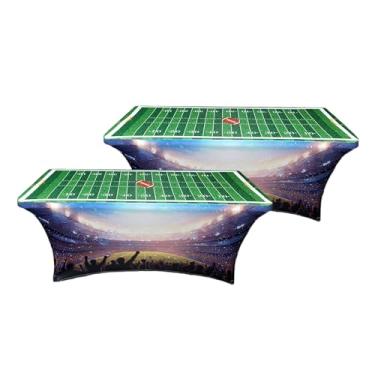 Imagem de HandinHandCreations Toalha de mesa de elastano de 1,8 m – Lavável, toalha de mesa retangular ajustada 4 de julho, Memorial Day, aniversário, Natal, tema de futebol (2, futebol 2, 183 x 76 cm)