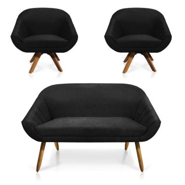 Imagem de Kit 01 Namoradeira 02 Lugares 02 Poltronas Giratória Giovana Suede Base Madeira Mm30 D'rossi Preto