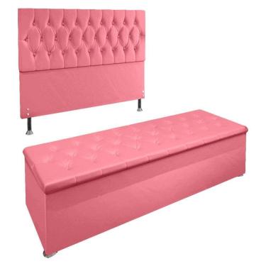 Imagem de Kit Cabeceira e Calçadeira Baú Casal 1,40m Suede Rosa
