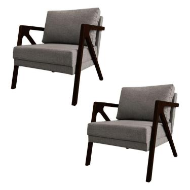 Imagem de Kit 2 Poltronas Mona Monique Luxo Base Madeira Maciça Castanho Linho Grafite