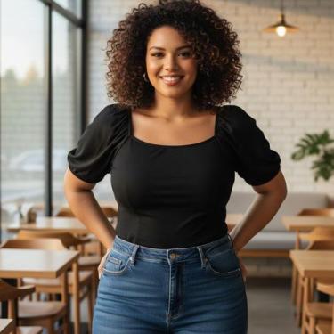 Imagem de Blusa Plus Size Feminina Gola Quadrada Manga Bufante Habana, EP, Preto