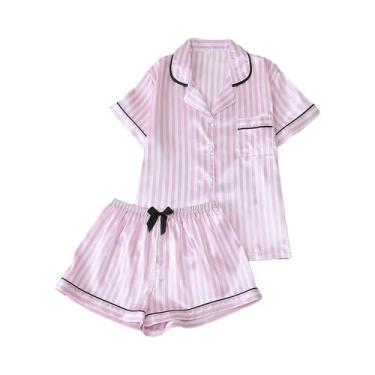 Imagem de Conjunto De Pijama Feminino Listrado De Cetim, Top De Manga Curta Com 