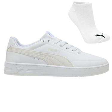 Imagem de Kit Tênis Puma Court Classic Clean E Meia, 44, Branco, Bege, Masculino