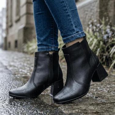 Imagem de Bota Coturno Feminina Salto Grosso Bico Quadrado Cano Curto Cor:PretoT