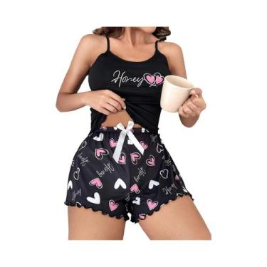 Imagem de Conjunto De Pijama Feminino De Renda Estampada Em Duas Peças Com Decot