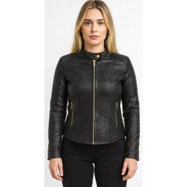 Imagem de Jaqueta de Couro Feminina Elegante Marrom Preto Corte Slim Fit De  - M