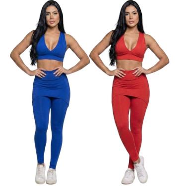 Imagem de KIT 2 Conjunto Top Bojo e Calça Saia Bella Fiore Tapa Bumbum Roupa Para Academia Fitnes...