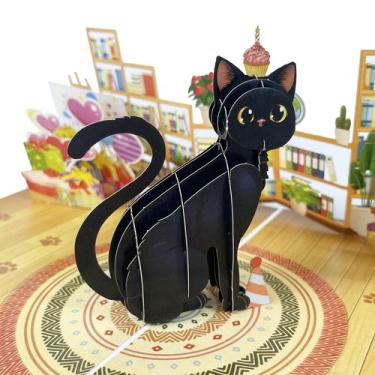 Imagem de Cartão comemorativo pop-up PQDGlobal 3D Black Cat, feito à mão