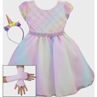 Imagem de Vestido Festa Infantil Tema Unicornio Colorido Luva E Tiara