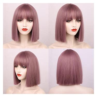 Imagem de Perucas femininas sintéticas perucas curtas retas com franja para mulheres, preto, rosa, roxo, vermelho, natural, cabelo humano (cor: 18, comprimento esticado: 35,5 cm)