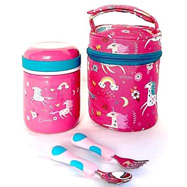 Imagem de Garrafa térmica de unicórnio para comida quente, lancheira isolada, conjunto de utensílios de aço inoxidável. Recipiente para meninas, almoços quentes para crianças, sopa. Frasco de boca larga, fácil