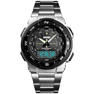 Imagem de Relógio analógico digital masculino com luz LED à prova d'água e alarme multifunções de aço inoxidável, pulseira de relógio para meninos, Prata